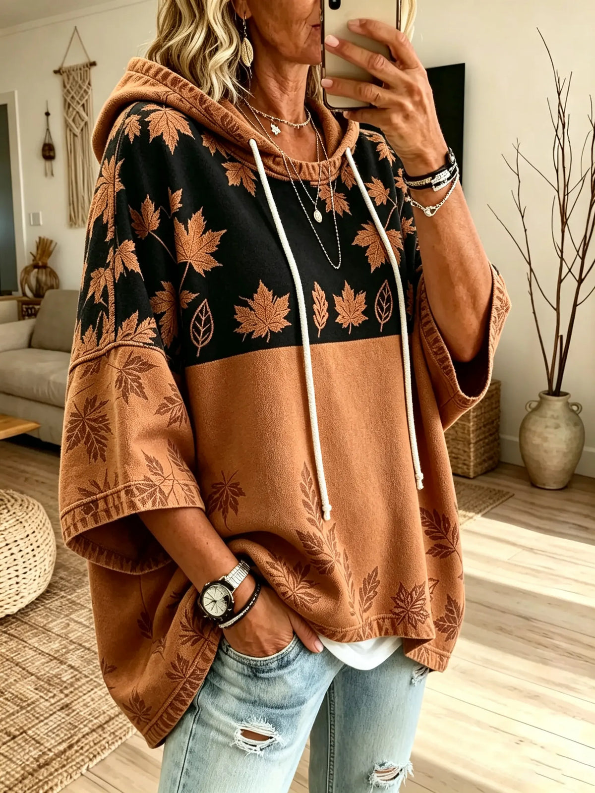Women Maple Leaf Color Block Print 3/4 Sleeve Oversized Hoodie