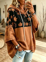 Women Maple Leaf Color Block Print 3/4 Sleeve Oversized Hoodie