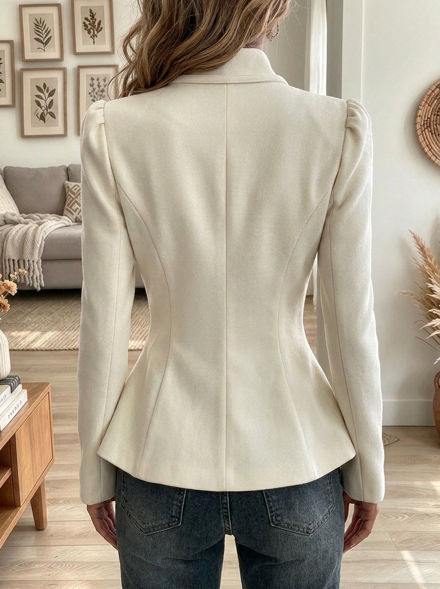 Women's Off-White Peplum Blazer Jacket with Front Zipper and Buckle Collar
