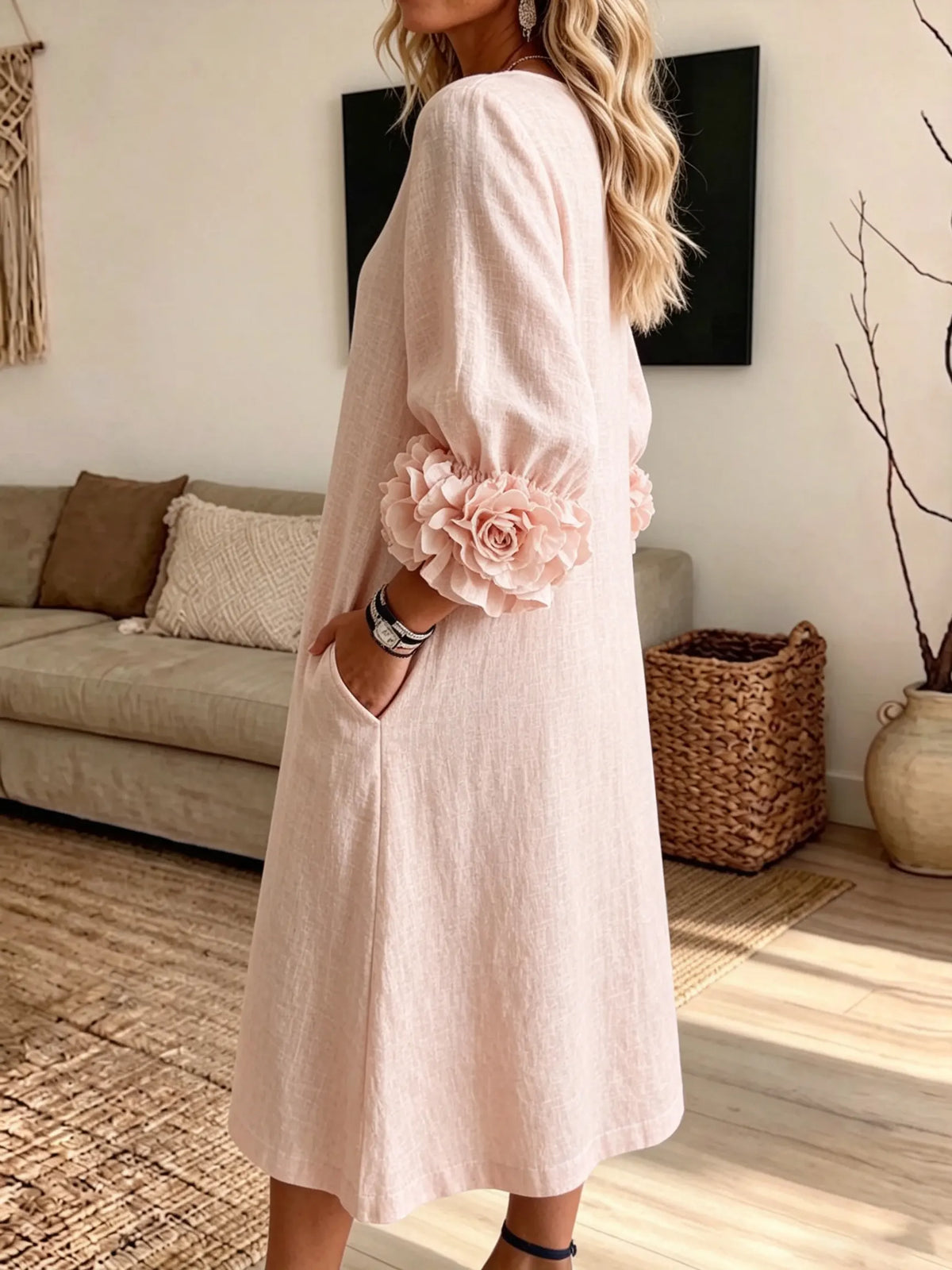 Women's 3D Floral Cuff Linen Midi Dress