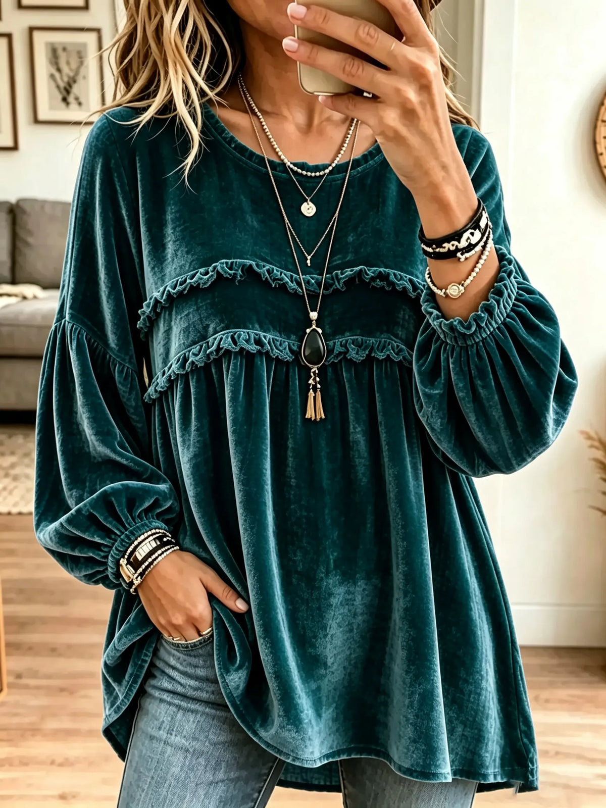 Women's Tiered Ruffle Velvet Babydoll Blouse