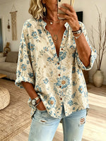 Women's Blue Daisy Floral Collared Blouse