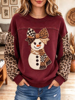 Women's Burgundy Snowman Graphic Sweatshirt with Leopard Plaid Bow and Sleeves