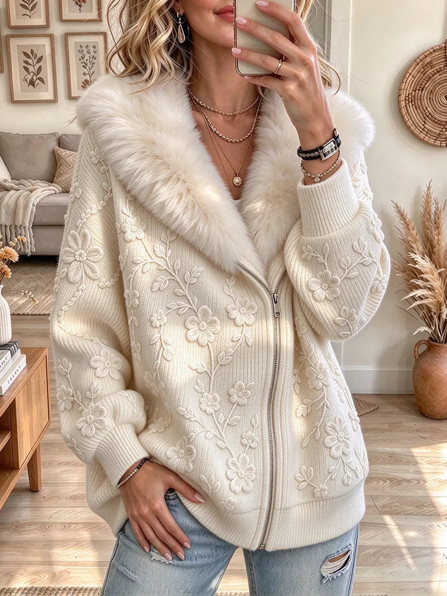 Women's Floral Embroidery Print Hooded Zip Up Long Sleeve Knitted Coat