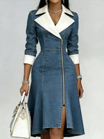 Women Contrast White Lapel Zipper Front Fit & Flare Denim Midi Dress