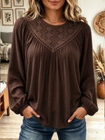 Women's Dark Brown V-Shape Crochet Lace Patchwork Long Sleeve Blouse Top
