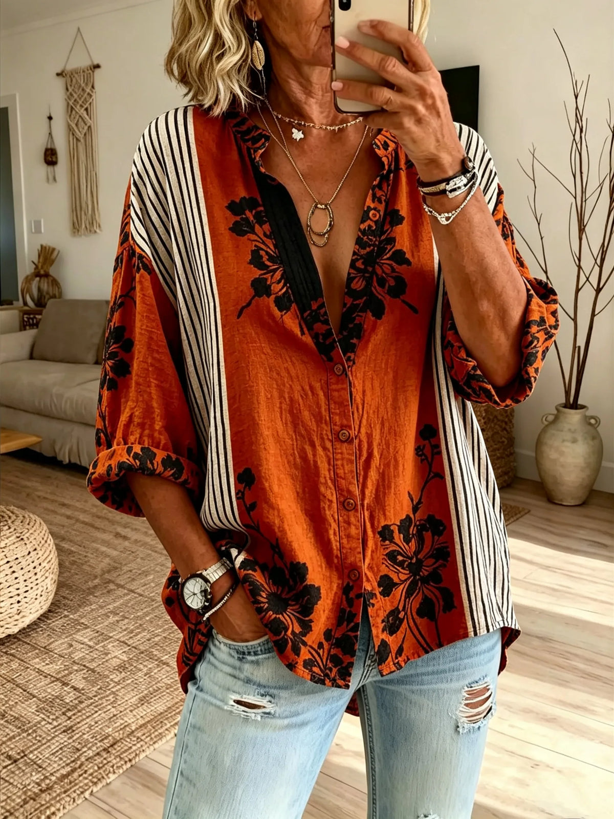 Women Vintage Floral Stripe Lapel Loose Blouse