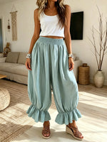 Women Solid Elastic Waist Ruffle Lantern Wide Leg Pants