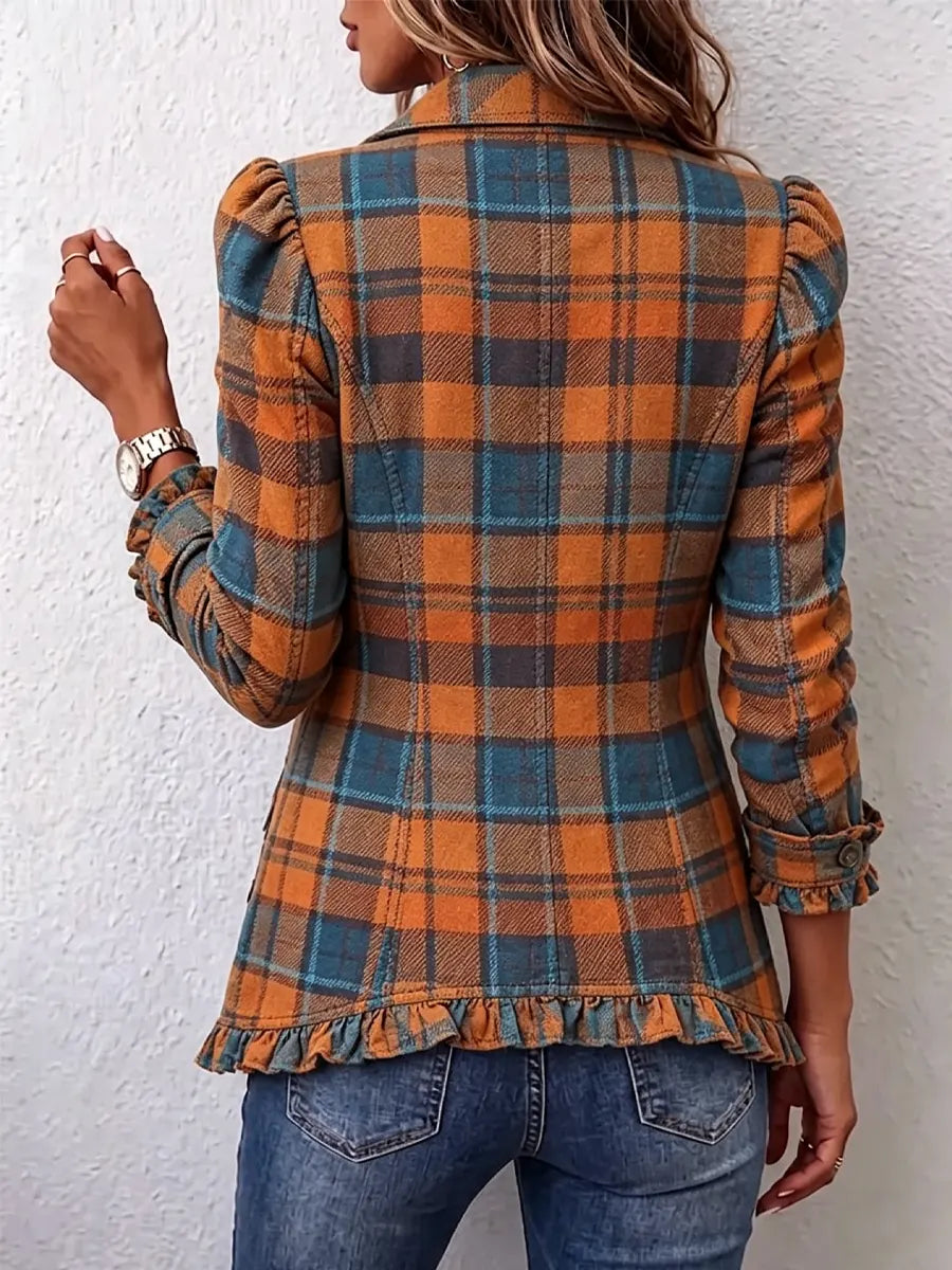 Retro Plaid Pattern Art Print Ruffle Casual Stylish Cotton Lapel Coat