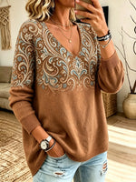 Women's Damask Print V-Neck Knit Sweater