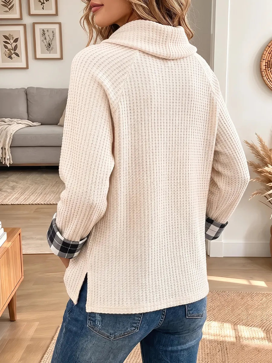 Vintage Elegant Waffle Knit Patchwork Plaid Turtleneck Shirt