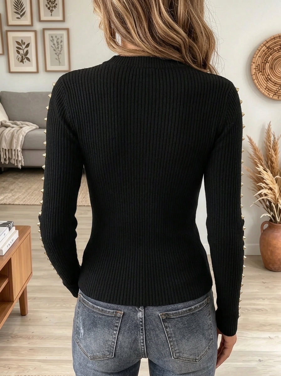 Women's Gold Studded Crewneck Ribbed Knit Sweater