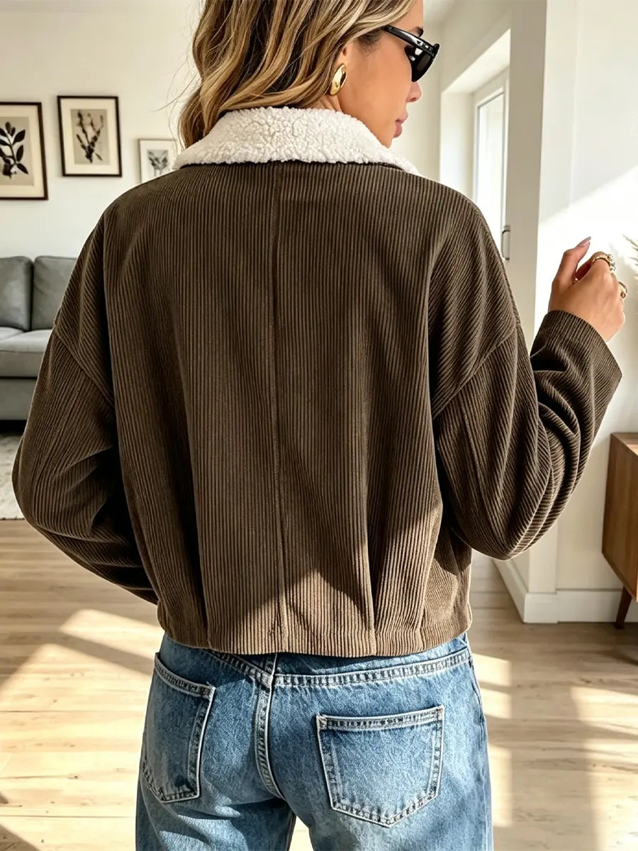 Retro Lapel Zip Corduroy Art Casual Stylish Long Sleeve Coat