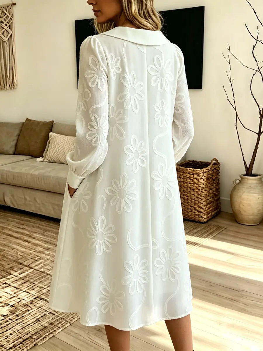 Retro Floral Art Print Casual Stylish Peter Pan Collar Long Sleeve Cotton Midi Dress