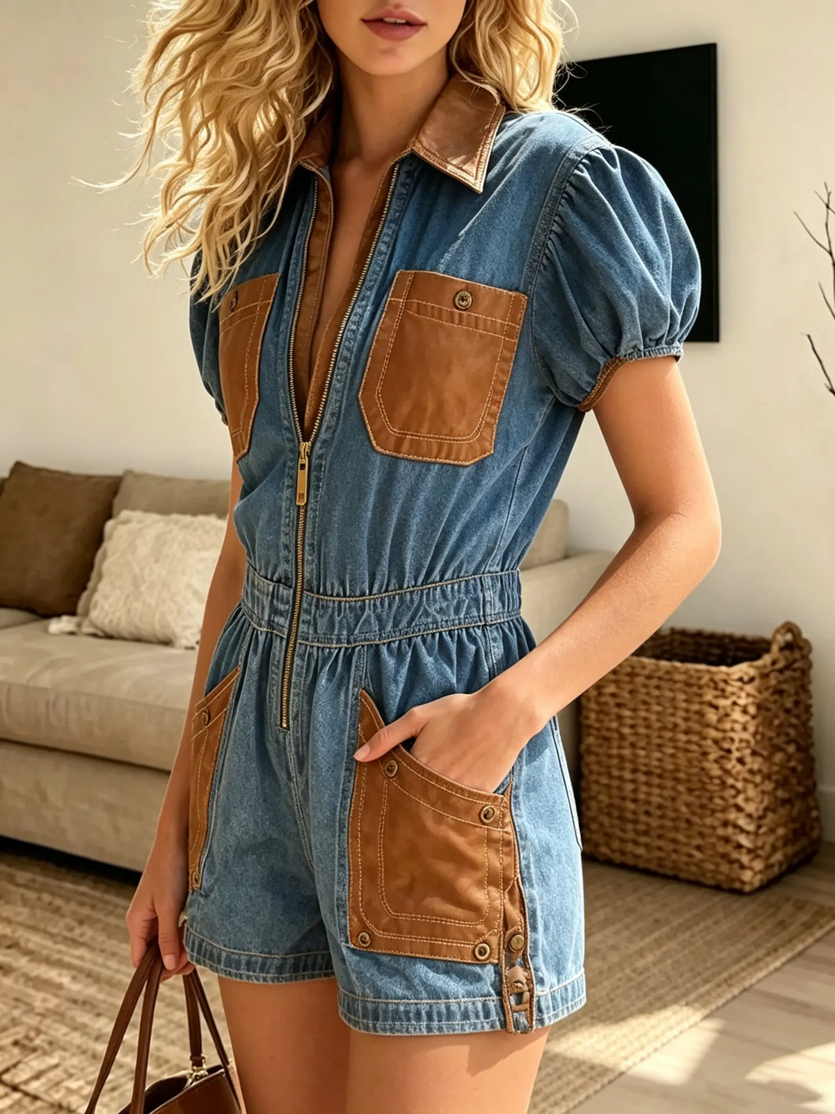 Women's Leather Patchwork Short Sleeve Denim Jumpsuit