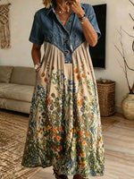 Women Denim Spliced Wild Floral Shirt Midi Dress With Pockets