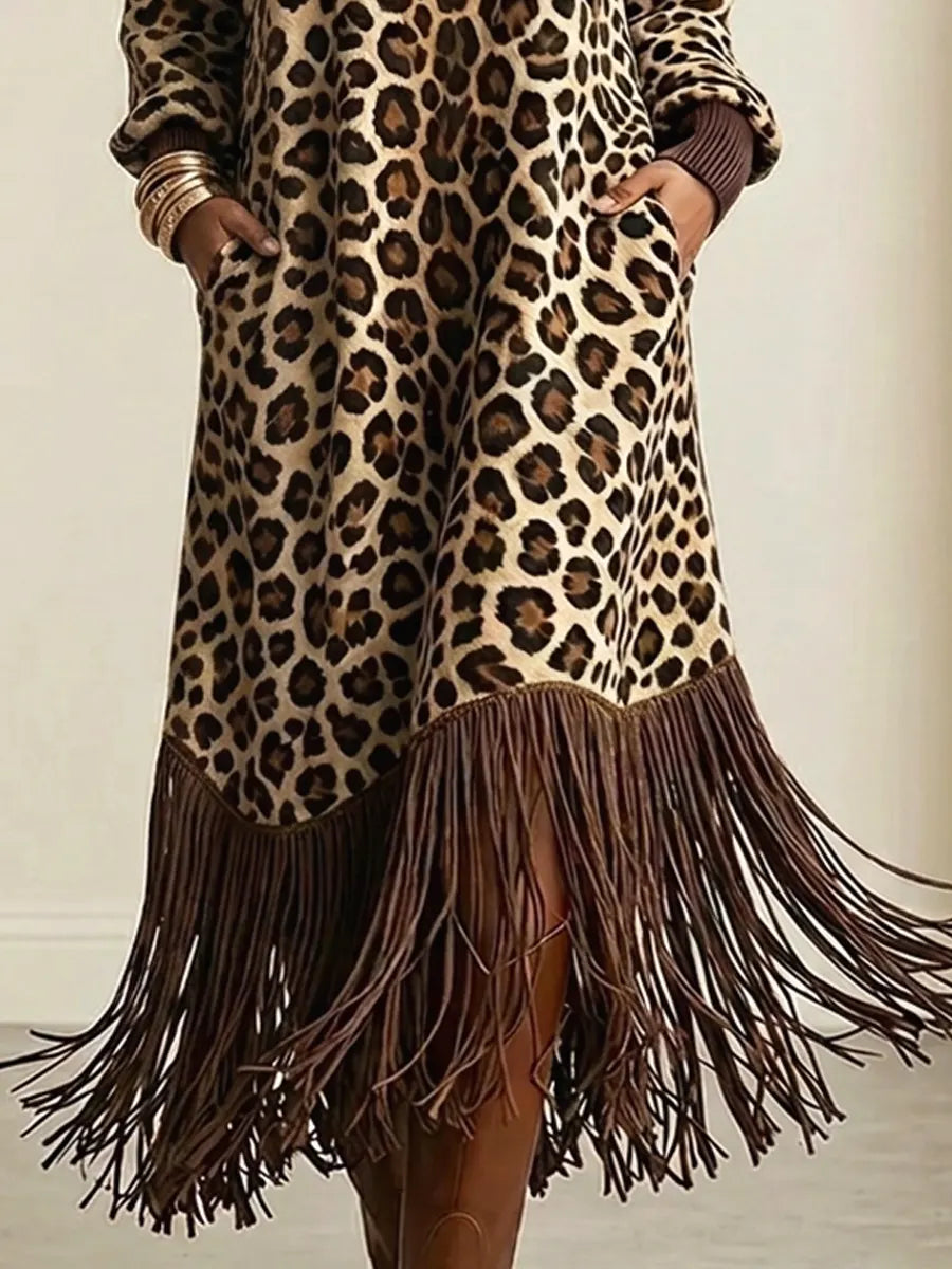 Retro Leopard Pattern Tassel Patchwork Art Print Casual Stylish Long Sleeve Dress