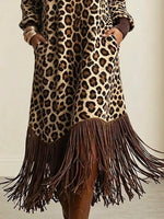 Retro Leopard Pattern Tassel Patchwork Art Print Casual Stylish Long Sleeve Dress