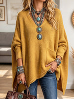 Women's Mustard Yellow V-Neck Batwing Sleeve Knit Poncho Sweater Top