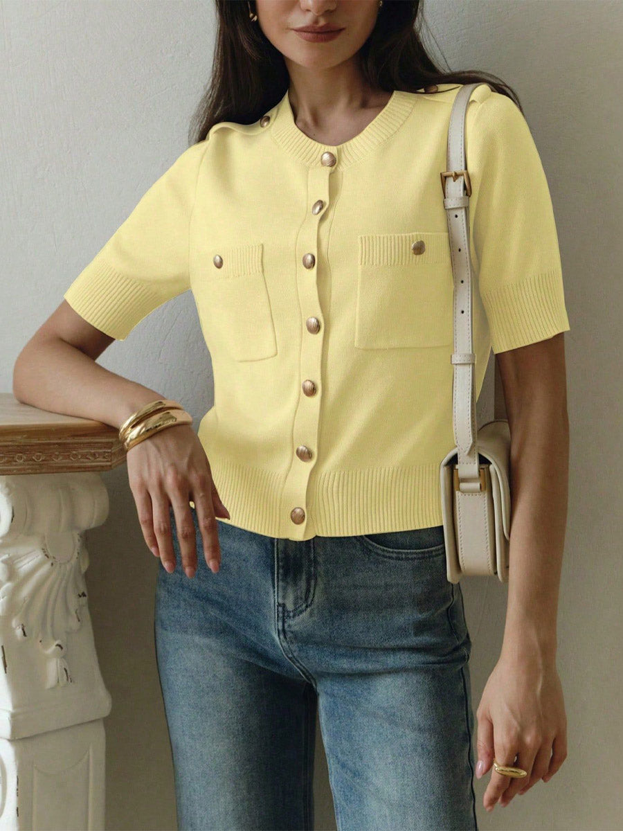 Elegant Button Pockets Short Sleeve Casual Knitted Cardigan Sweater
