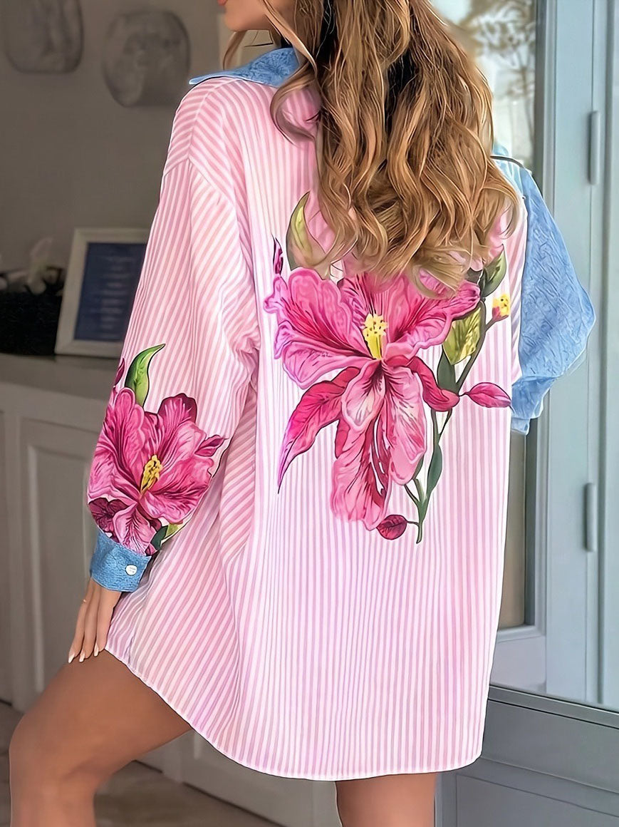 Women's Patchwork Denim Striped Floral Shirt