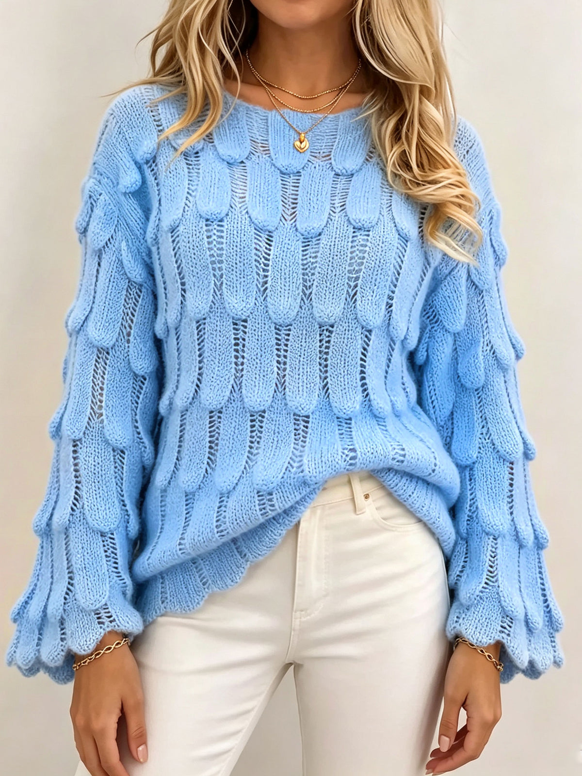 Women 3D Petal Crochet Knit Sweater Loose Bell Long Sleeve Hollow Out Pullover Top