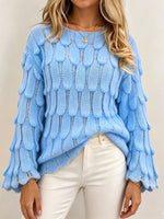 Women 3D Petal Crochet Knit Sweater Loose Bell Long Sleeve Hollow Out Pullover Top