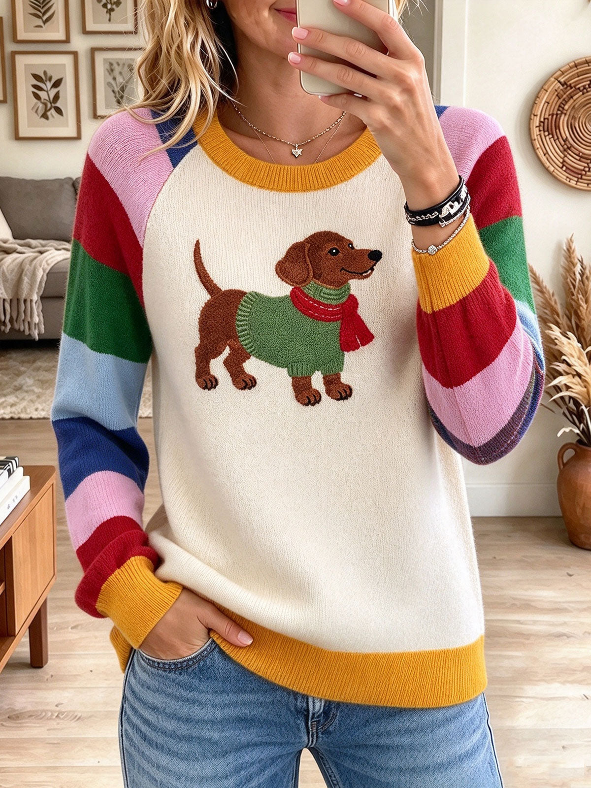 Women's White Rainbow Striped Dog Graphic Casual Knit Sweater