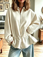 Retro Floral Pattern Lapel Zip Drawstring Waist Art Casual Stylish Long Sleeve Coat