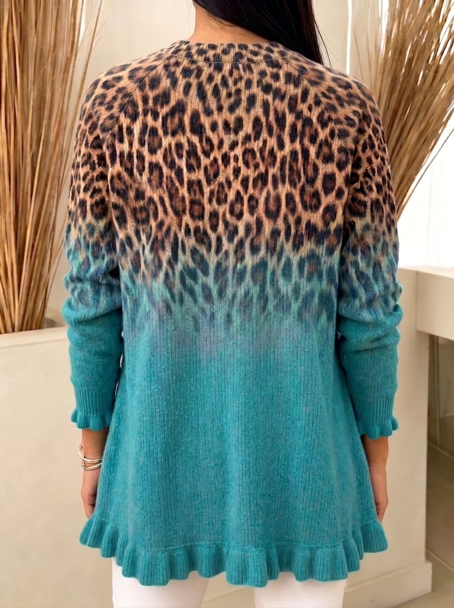 Women Leopard Ombre Gradient Knit Tunic Sweater Long Sleeve Ruffle Hem Top With Pockets