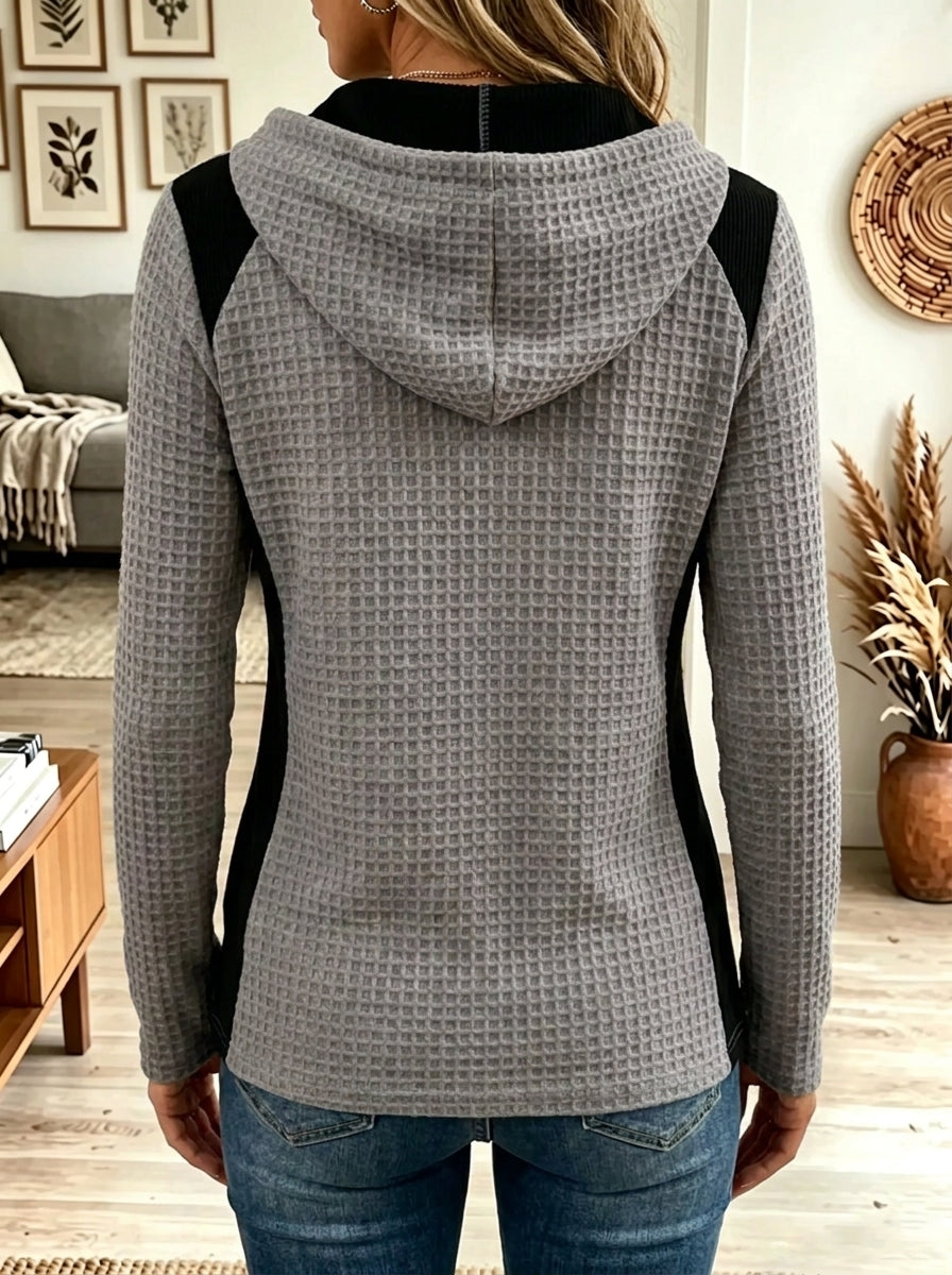 Women's Waffle Knit Colorblock Henley Hoodie