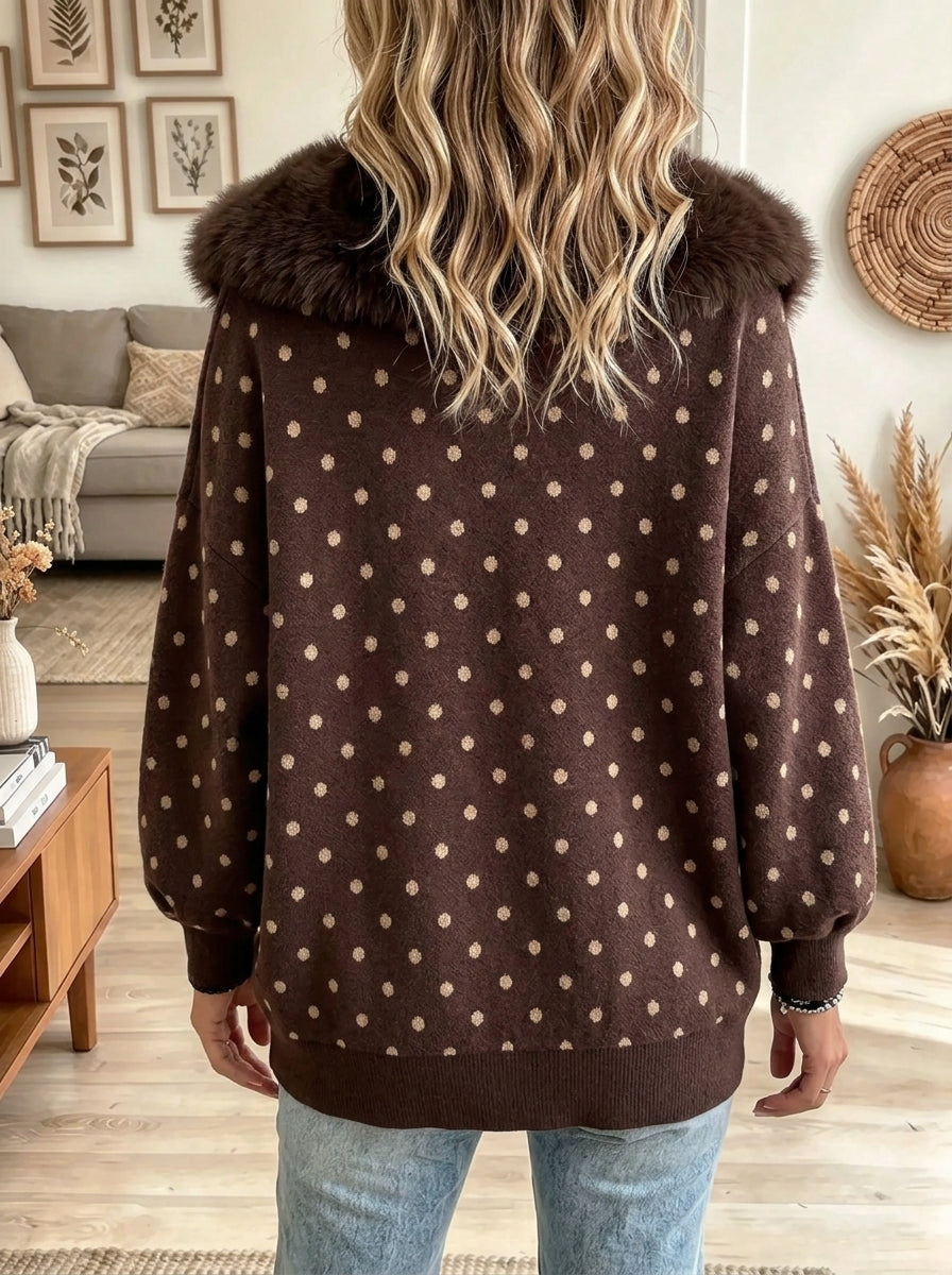 Women's Faux Fur Collar Polka Dot Zip Jacket
