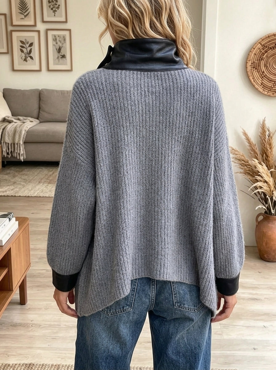 Women's Faux Leather Trim Ribbed Cardigan