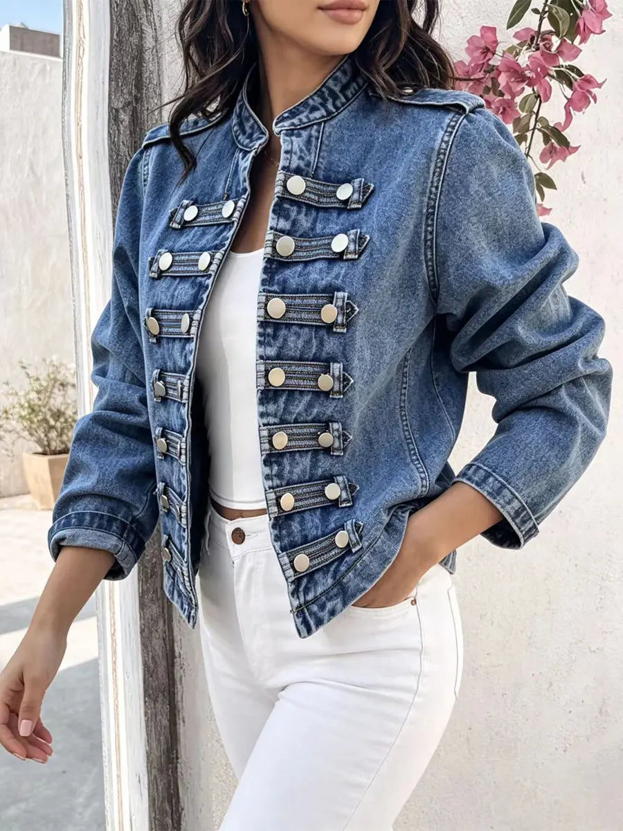 Retro Solid Color Stand Collar Art Casual Stylish Long Sleeve Denim Coat