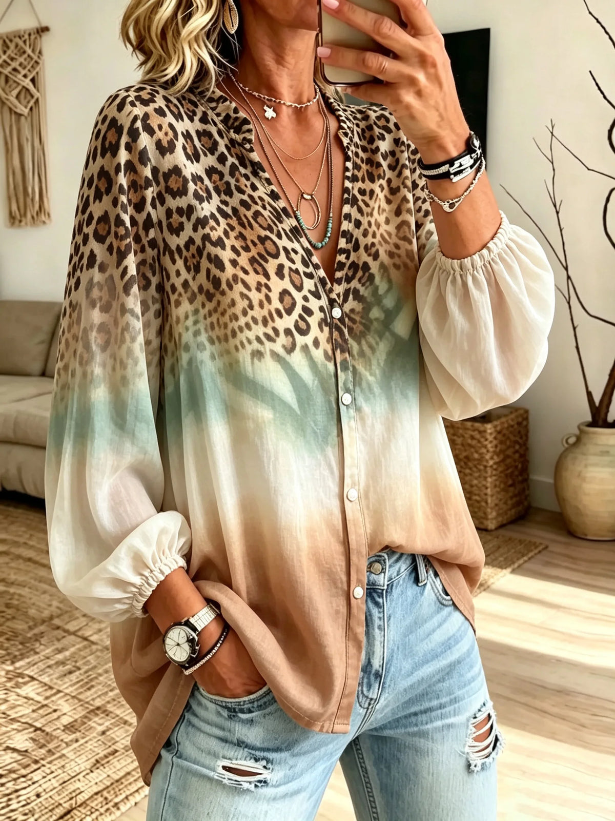 Women's Leopard Gradient Tie-dye Patchwork V-neck Lantern Sleeve Blouse