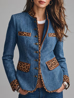 Women Herringbone Denim Jacket Leopard Trim Mandarin Collar Metal Button Slim Outerwear With Pockets
