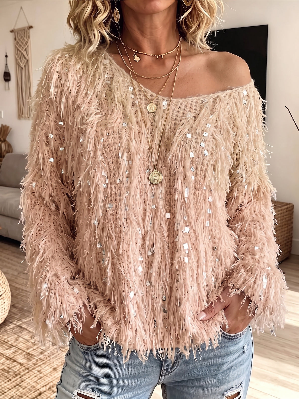 Women V‑Neck Shaggy Fuzzy Sequin Embellished Long Sleeve Knit Sweater