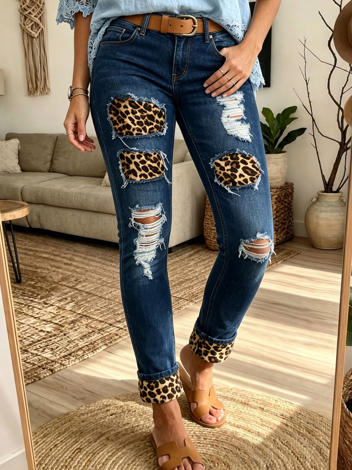 Women Ripped Jeans Leopard Patch Cuffed Ankle Stretch Skinny Denim Pants