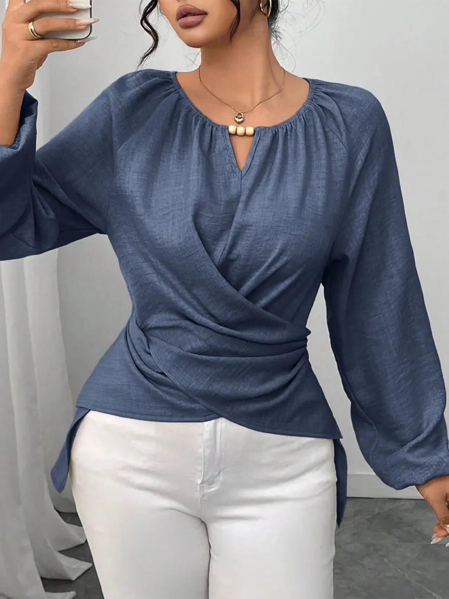 Retro Elegant Solid Color Round Collar Casual Long Sleeve Wrap Stylish Shirt