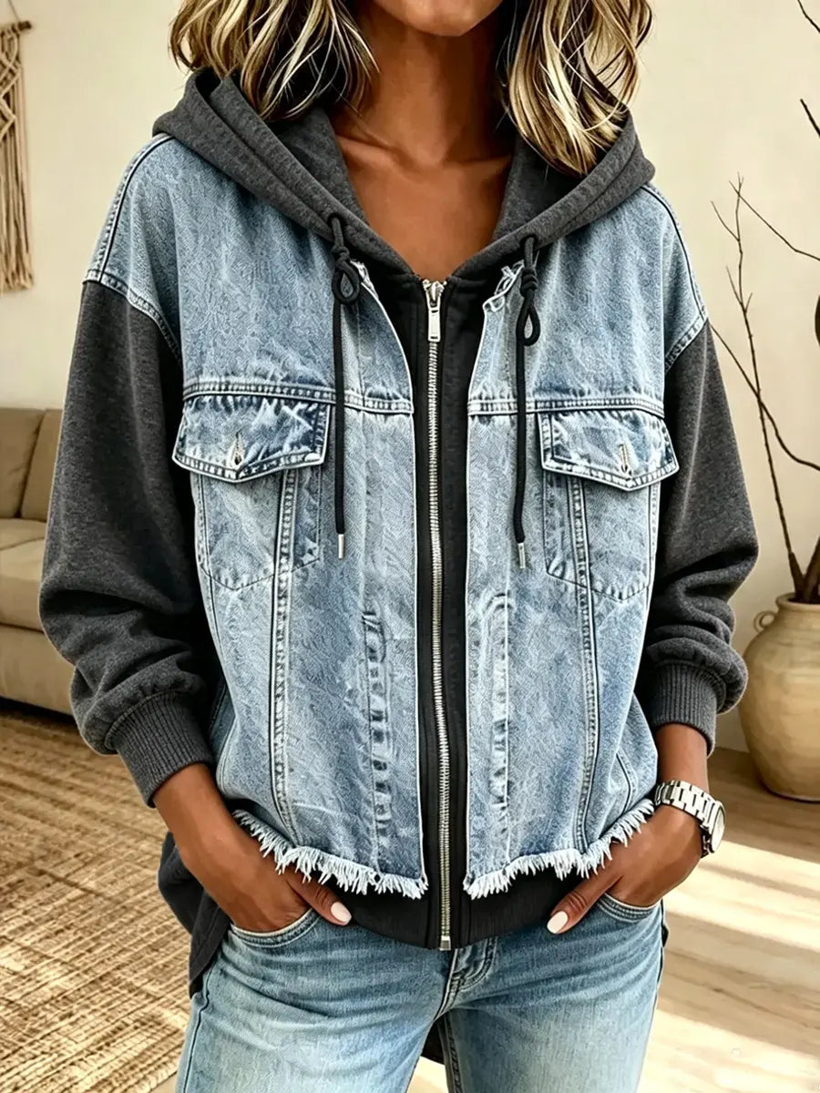Retro Chic Long Sleeve Hooded Zip Casual Stylish Denim Patchwork Shirt