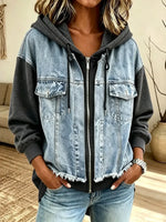 Retro Chic Long Sleeve Hooded Zip Casual Stylish Denim Patchwork Shirt