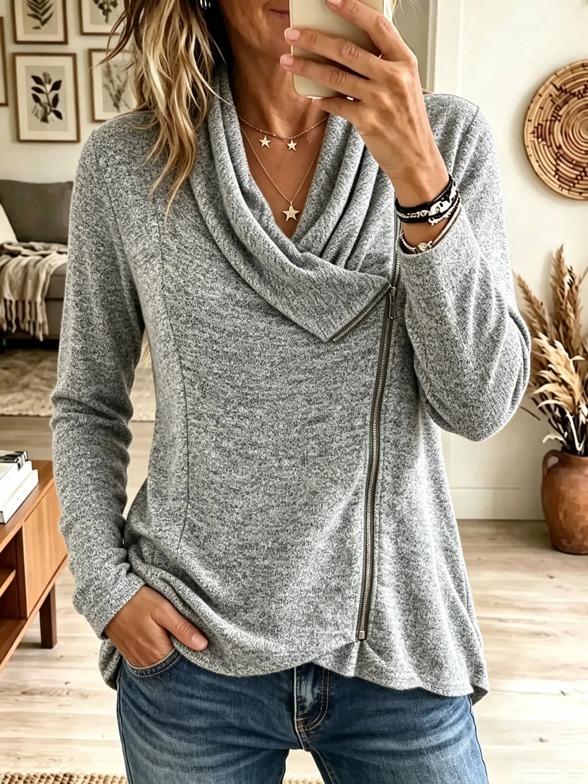 Women's Asymmetrical Zip Cowl Neck Heathered Sweatshirt