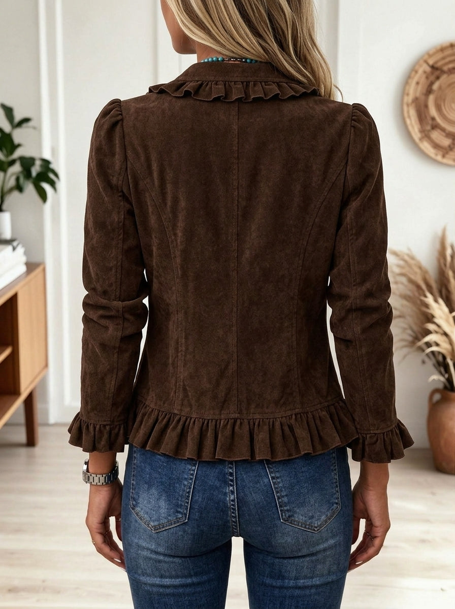 Brown Ruffled Double Breasted Western Style Short Jacket