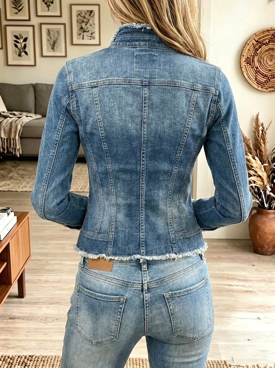 Women's Frayed Stand Collar Snap-Button Denim Shirt