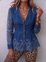 Vintage Elegant Denim Patchwork Hollowed Out Lace Shirt