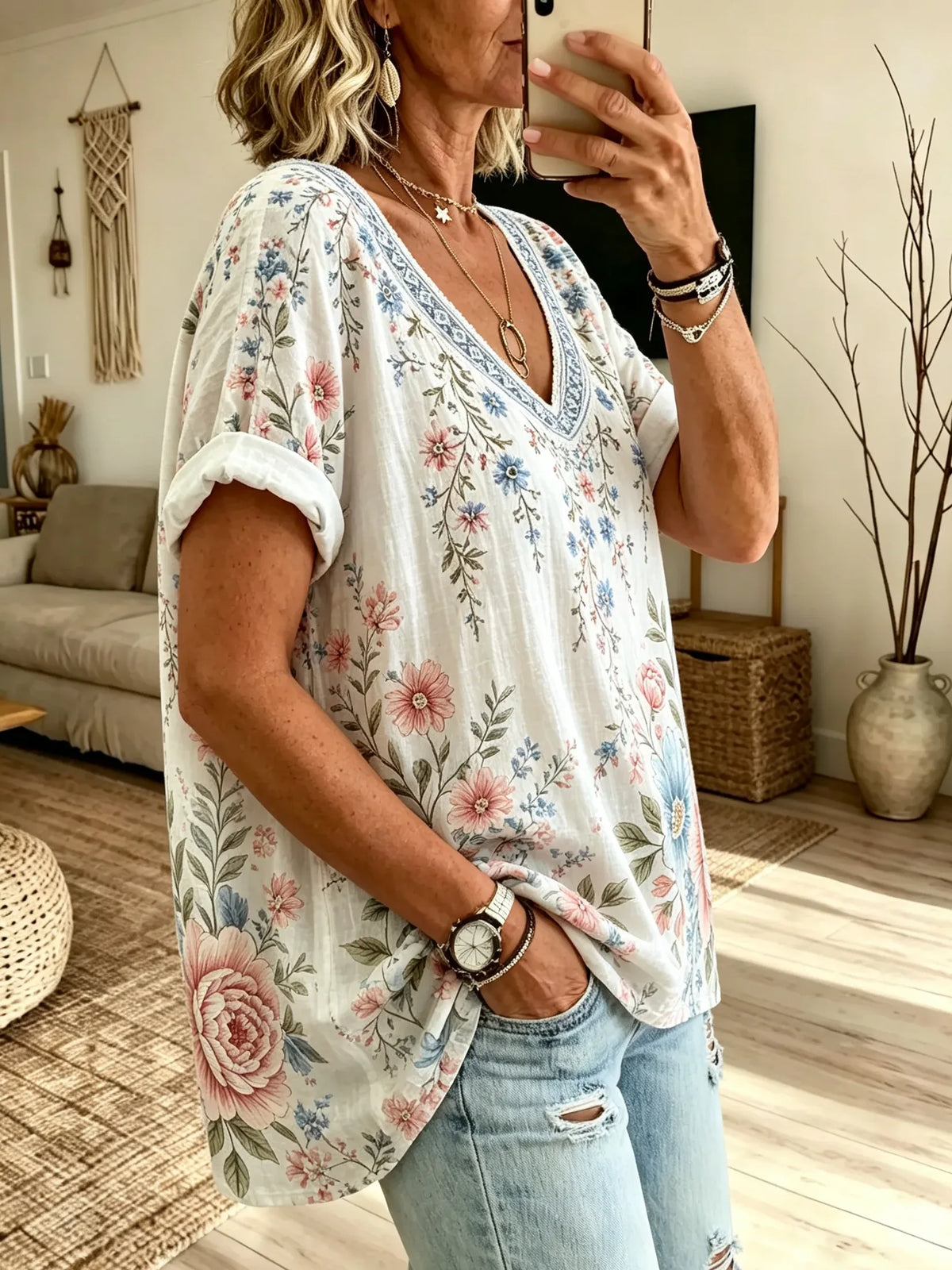Women's White Base Large Peony Daisy Floral Print V-Neck Loose Short Sleeve Blouse