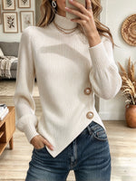 Women's Off-White Ribbed Knit Turtleneck Sweater with Asymmetric Pearl Buttons