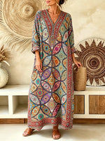 Women Vintage Diamond Floral Patchwork Print V-neck Maxi Dress