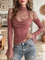Women's Lace Mock Neck Long Sleeve Ruched Fitted Blouse
