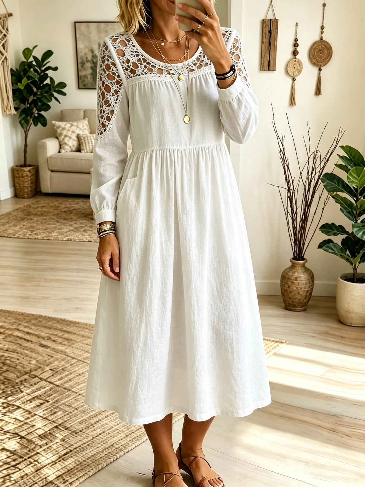 Women's Crochet Cutout Yoke Midi Dress